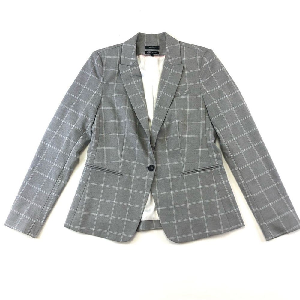 RW & Co light grey windowpane check lined womens blazer Size 6 pockets